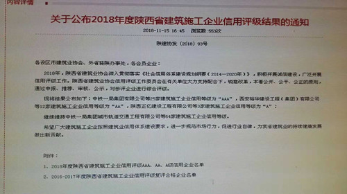 乐虎建设天工公司入选2016—2017年度陕西省建筑施工企业信用评级复评合格企业名单